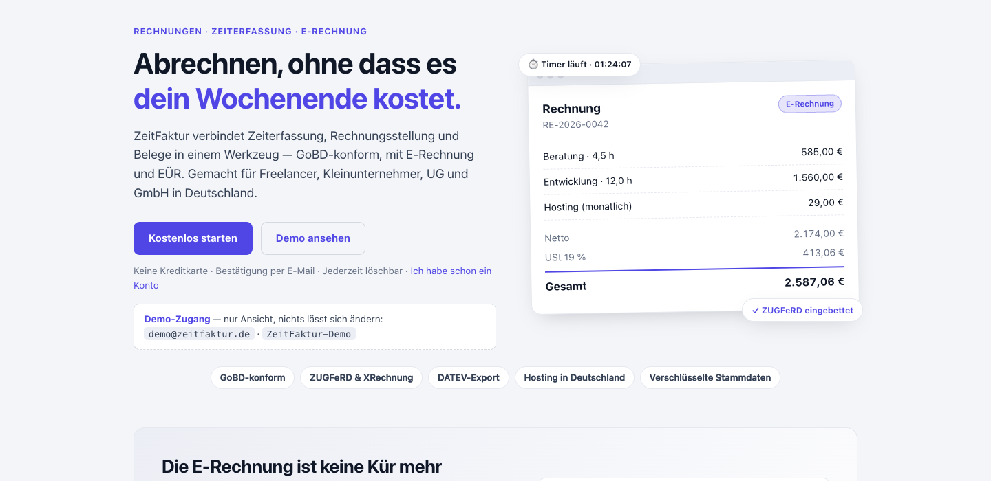 Screenshot der SaaS ZeitFaktur für Rechnungen und Zeiterfassung